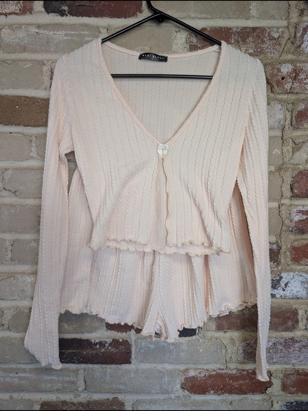 Blue Blush Pale Pink Ribbed Long Sleeve Pajama Set